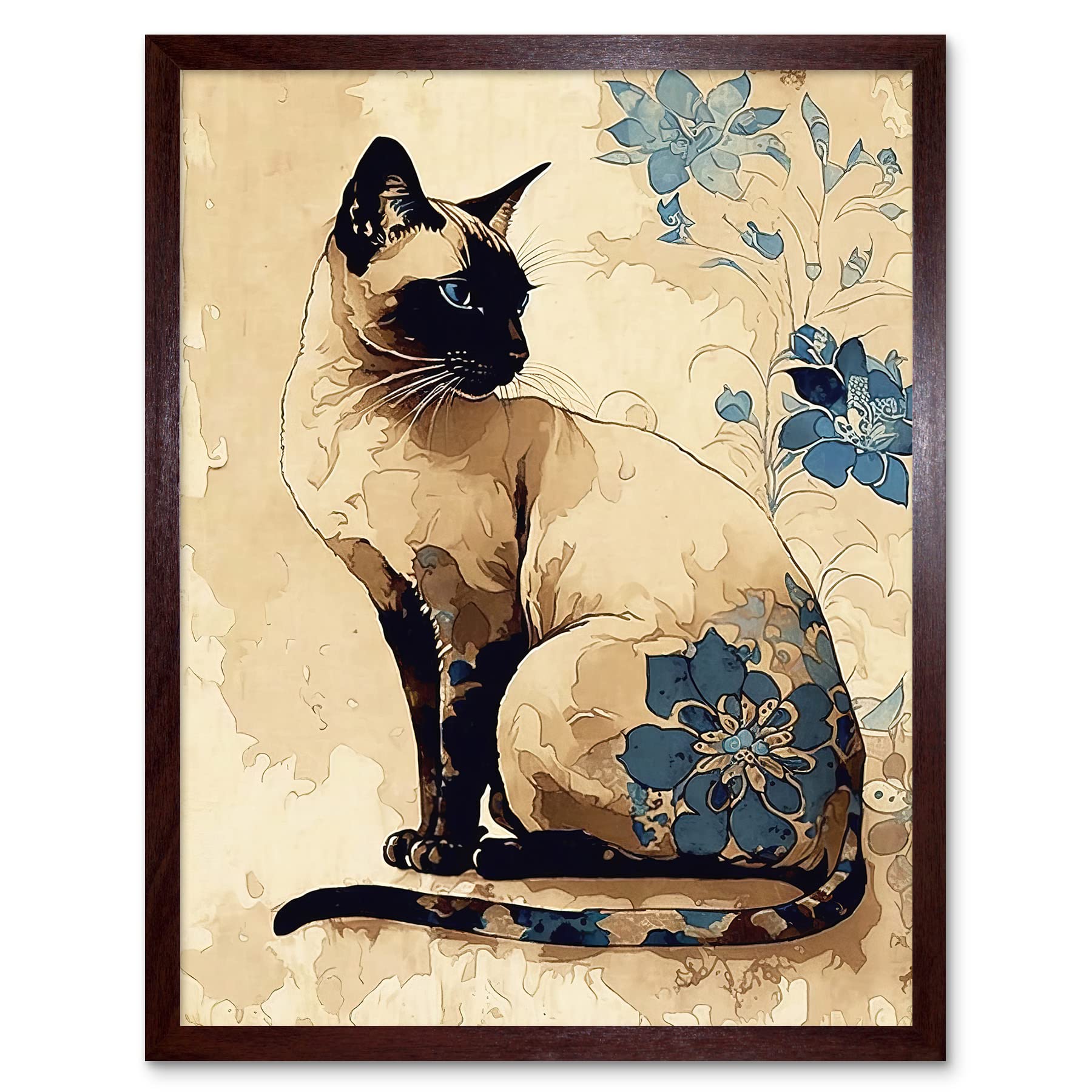 Artery8 Siamese Cat with Blue Flowers Watercolour and Ink Modern Illustration Art Print Framed Poster Wall Decor 12x16 inch