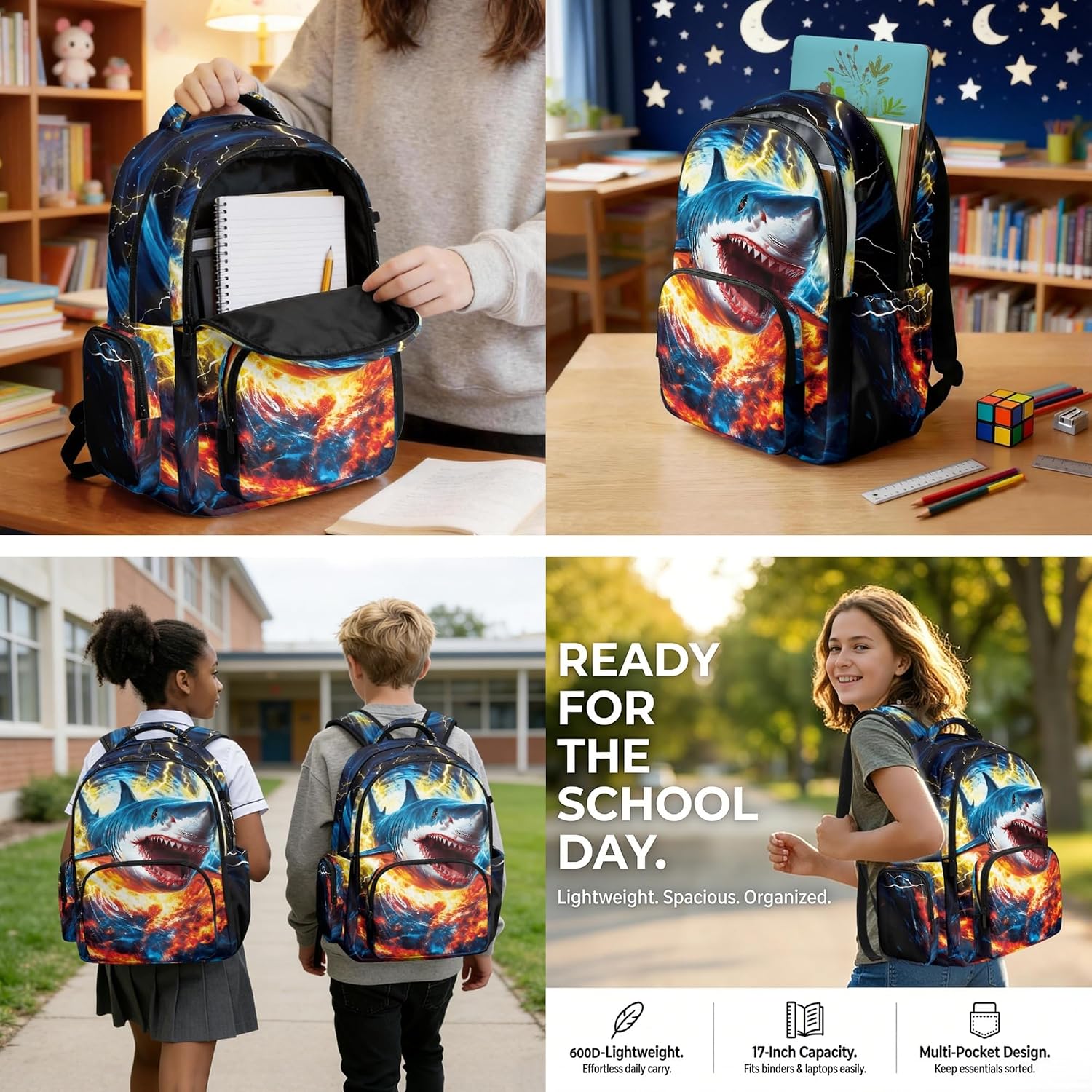 Amzbeauty Cool Animal Backpack With Lunch Box Fire Lightning Shark Print Large Capacity Bookbag And Lunch Bag Set For Elementary Student School Bag