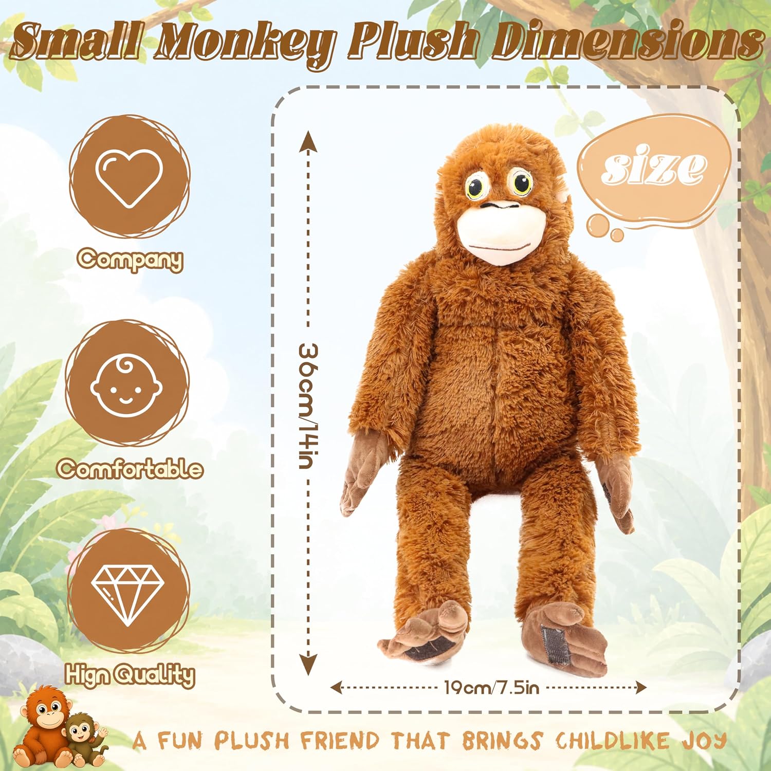 16in Monkey Plush Toy – Soft Huggable Orangutan Pillow, Hanging Gorilla Stuffed Animal, for Boys, Girls, Kids & Fans (Small)