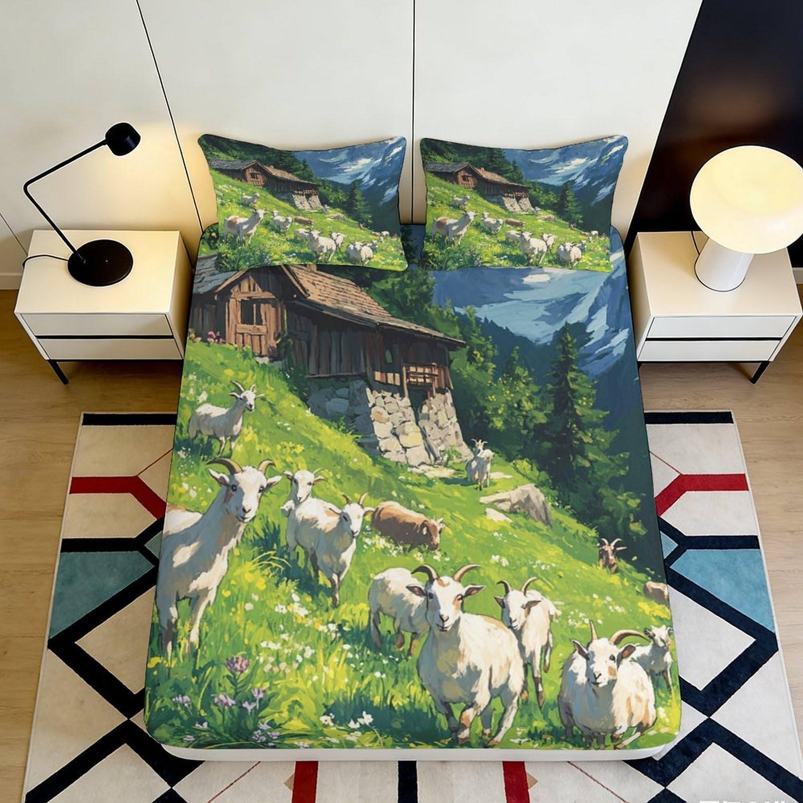 3D Printed Alpine Meadow Fitted Sheet Microfiber Pastoral Cottage Mattress Cover for Bedroom Guest Room Easy Care 90x200x25cm