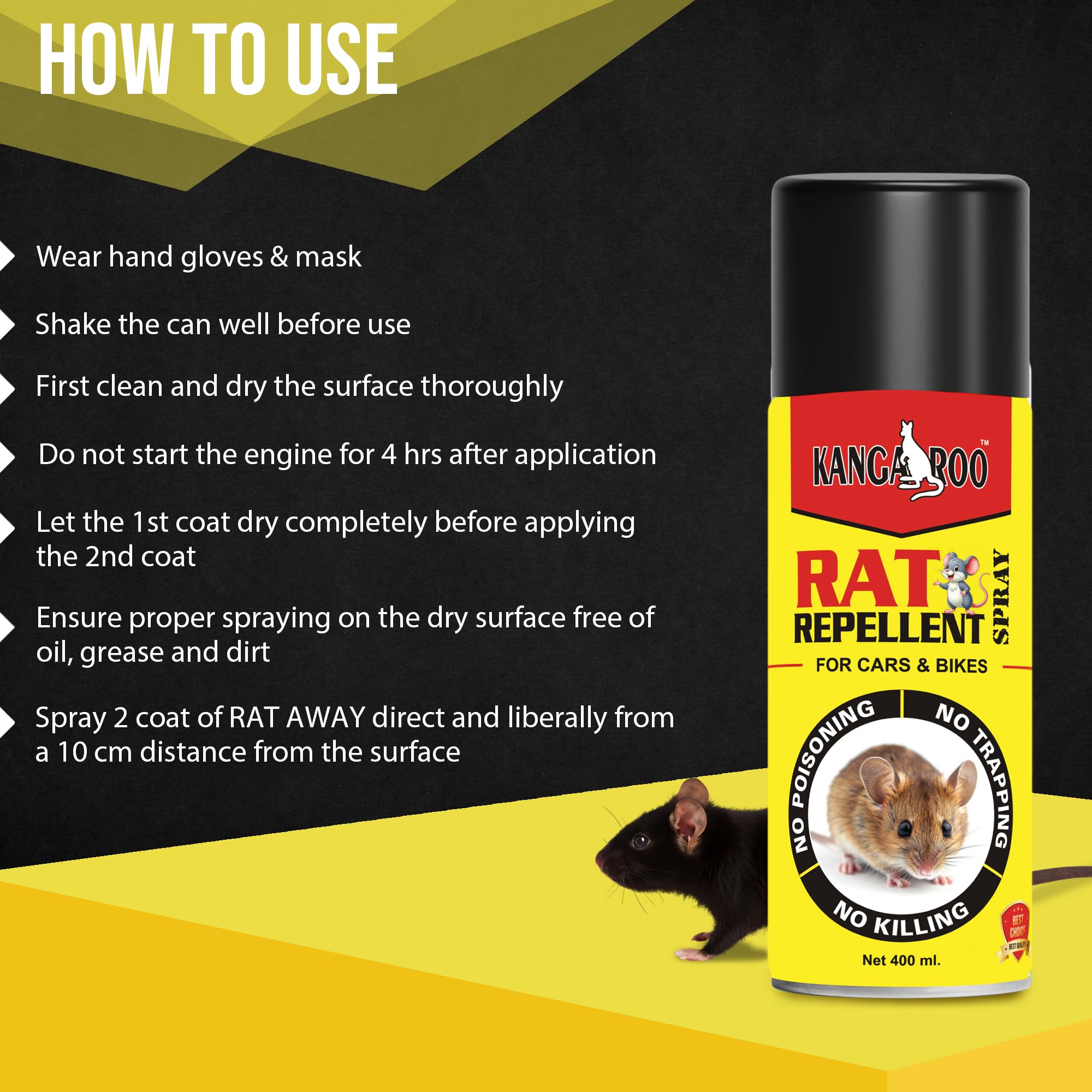 Kangaroo Rat Repellent Spray 400 ml for Cars Highly Effective with and Powerful Protection from Rats, Spray Protect Wires in Car, Bike | Camphor Fragrance | Non Toxic | No Kill Only Repels | 60 Days Protection (400 ml (Pack of 1) - Image 5 thumbnail