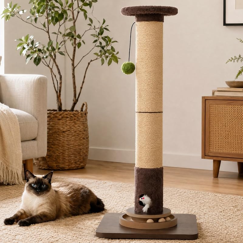 Arranhador para Gatos com Sisal Natural Extraespesso, Base Estável e Brinquedos Interativos pawalaya – 90 cm