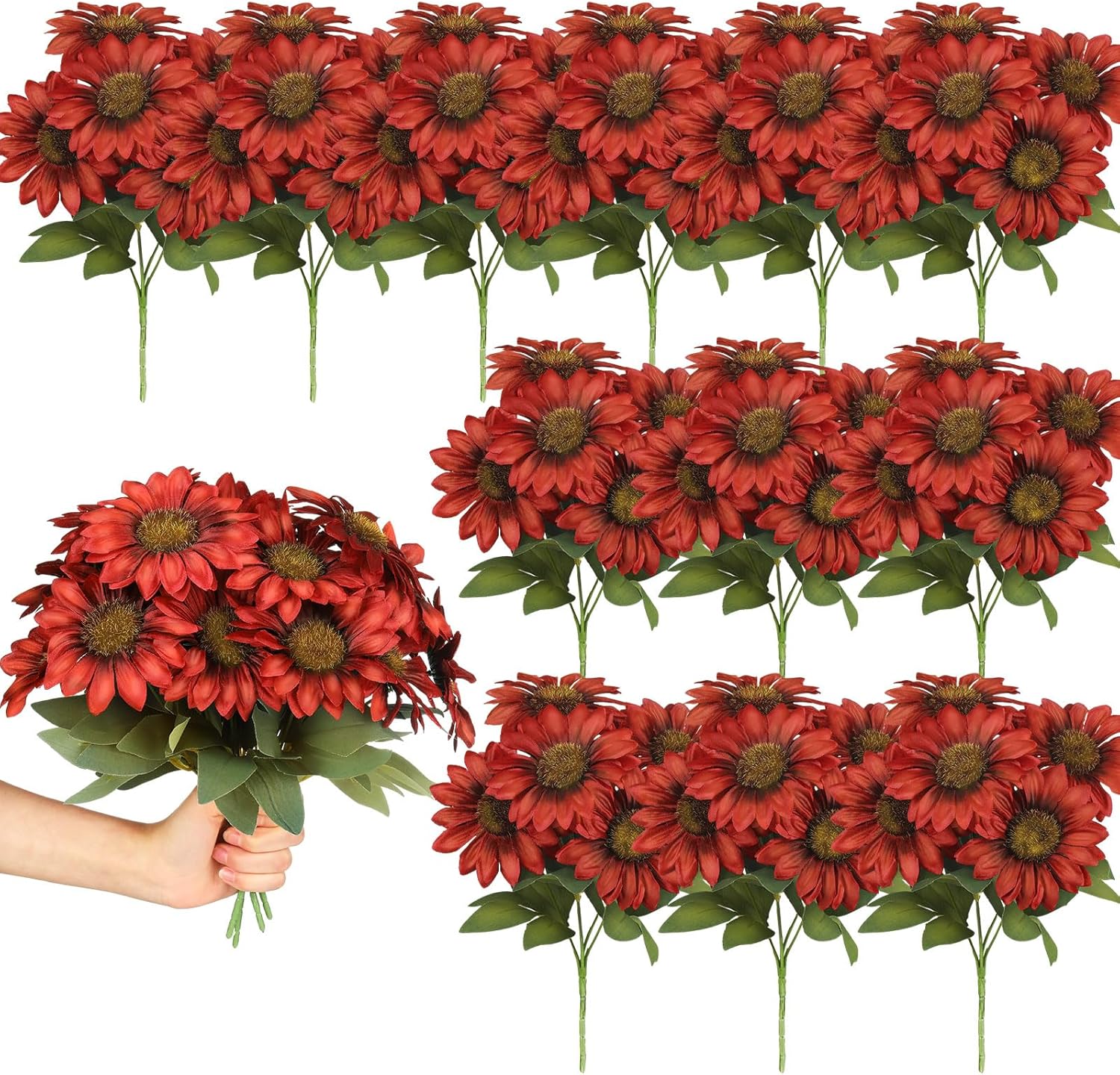 Redbaker 12 Bundles Sunflower Faux Mums for Outdoor Artificial Flower with Stems Bouquet Fake Plants Bulk UV Resistant Plastic No Fade Wedding Fall Garden Home Window Decor (Fall Flowers,Red)