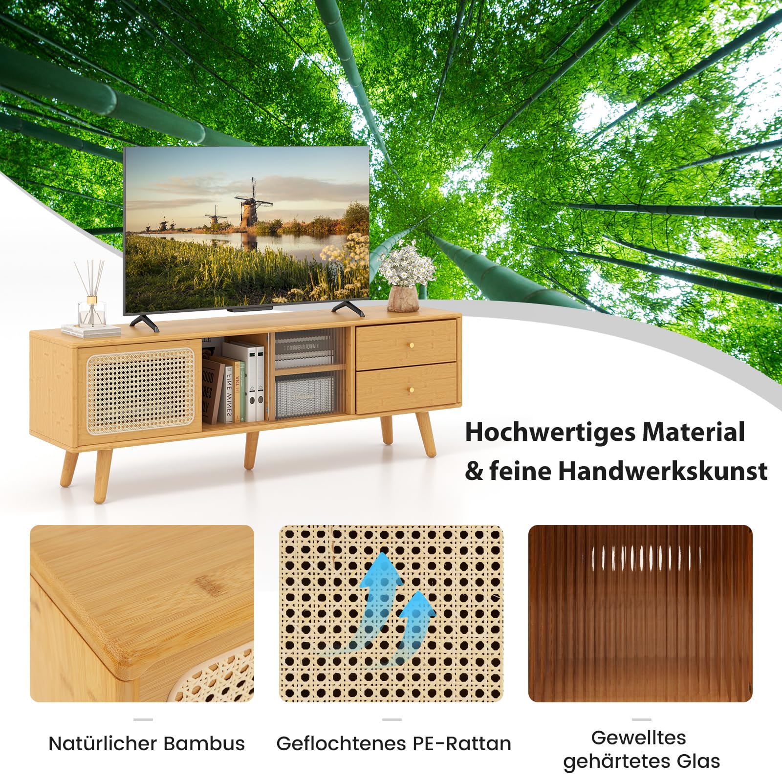 COSTWAY Bambusowa szafka pod telewizor z rattanowymi i szklanymi drzwiami przesuwnymi, stolik pod telewizor z 2 szufladami, szafka pod telewizory do 65 cali, do salonu, 140 x 31 x 45,5 cm