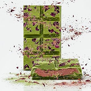 Matcha White Chocolate Bar 5.6oz with Strawberry Paste, Dried Strawberries, Kataifi Crunch & Dried Rose Petals – Handmade Gourmet Dessert