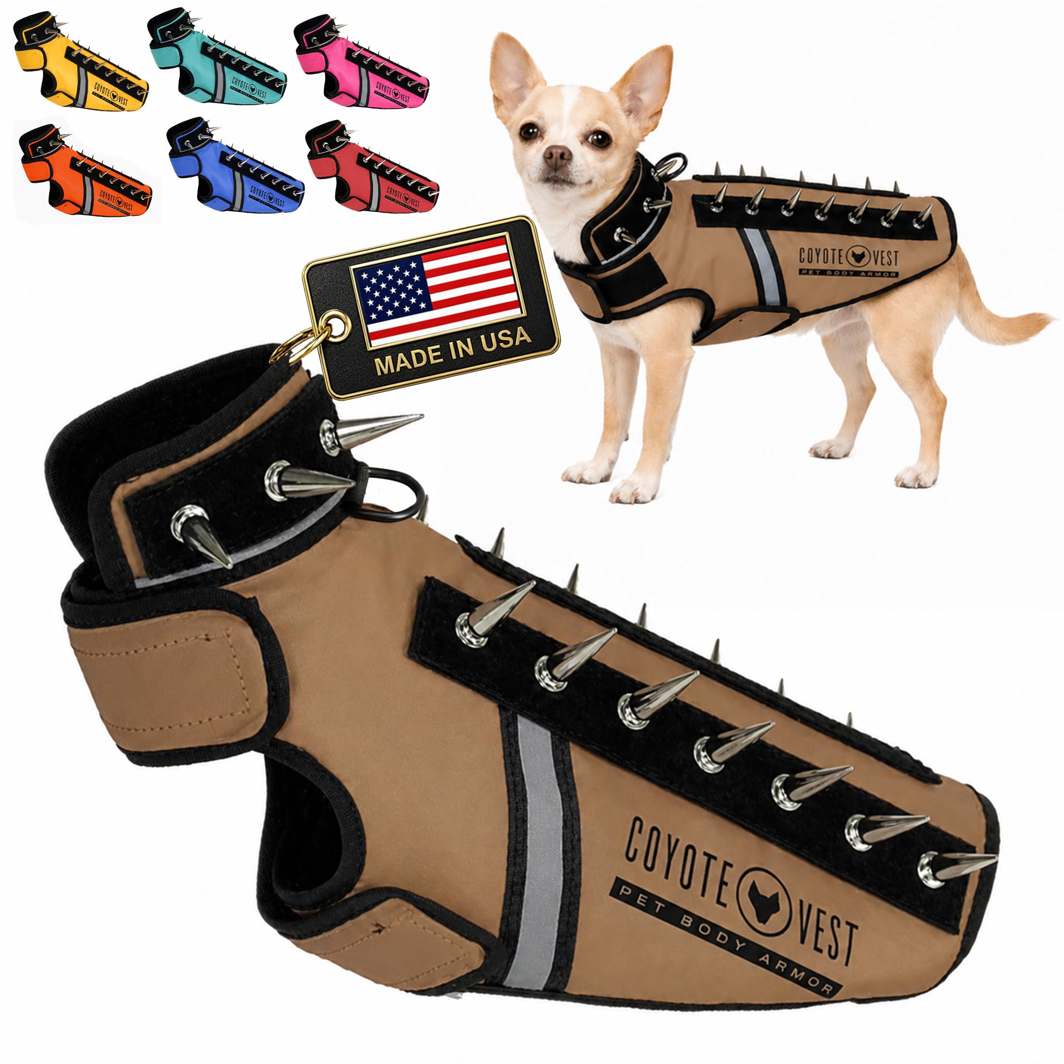 CoyoteVest SpikeVest Dog Harness | Stab-Resistant Protective Vest | Coyote Vest for Dogs | Defends Against Coyotes, Dogs, Birds of Prey | Reflective Safety, Made in USA (XXS-Texas Tan) โ image 1