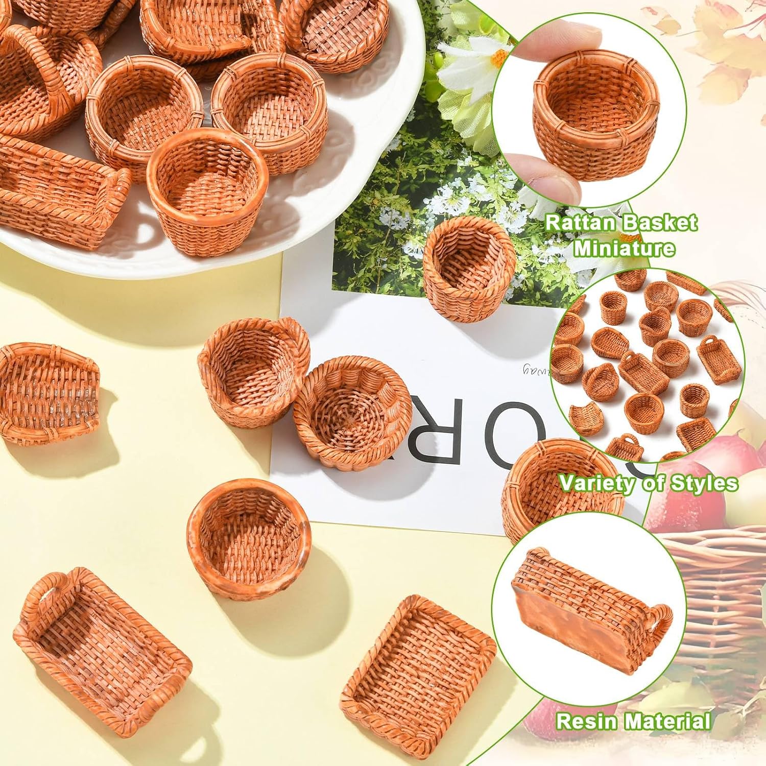 Stiesy 50Pcs Resin Rattan Basket Miniature Ornaments Storage Box Figurines