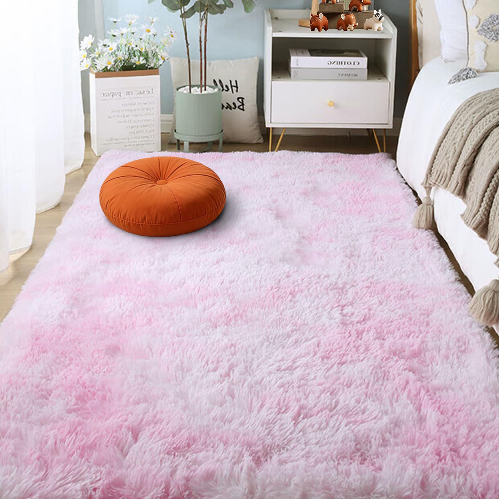 Tapis chambre 180 x 240 cm poil long shaggy haut de gamme rose clair pour salon