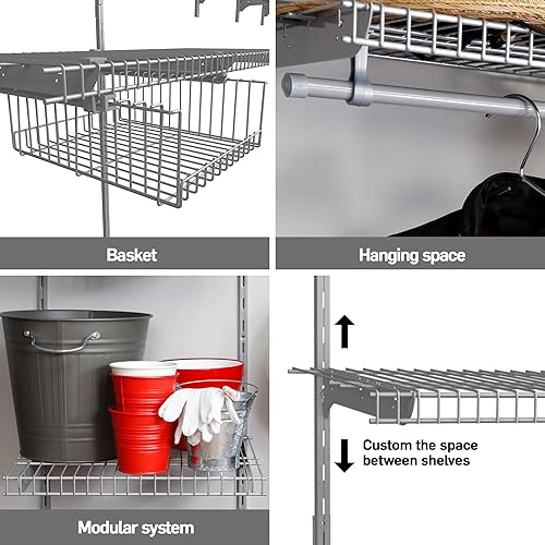 Miniatura 5 de Kit de estante de armario de alambre plateado, estantería para áreas abiertas, riel de estante con estantería expandible y sistema organizador,