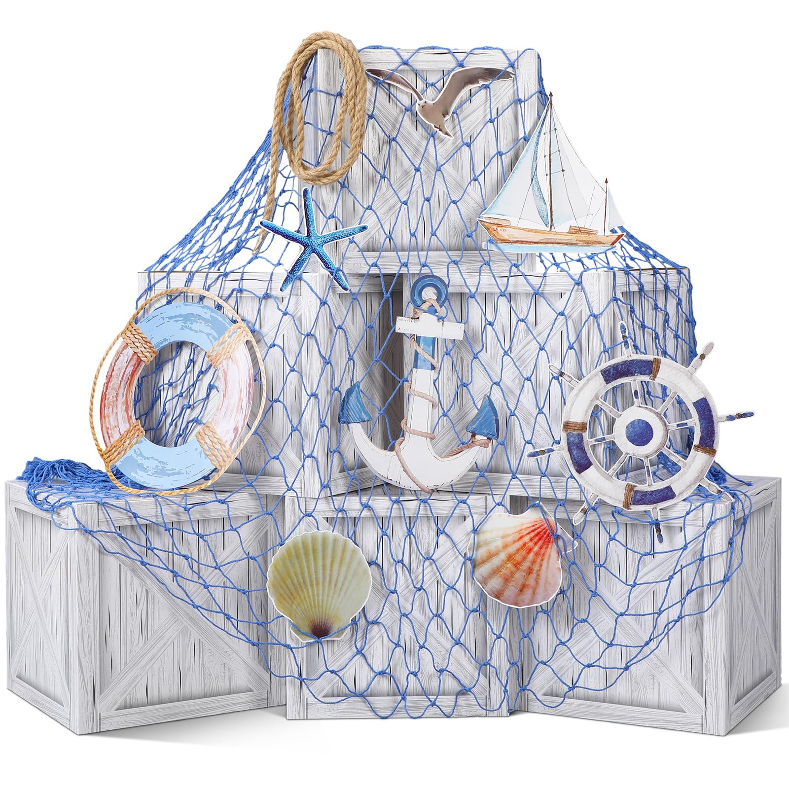 JellyArch 16 Pcs Nautical Party Decorations Imitation Wooden Box Fishing Net Car Trunk or Treat Decor Ocean or Pirate Party Favors Adventure Birthday