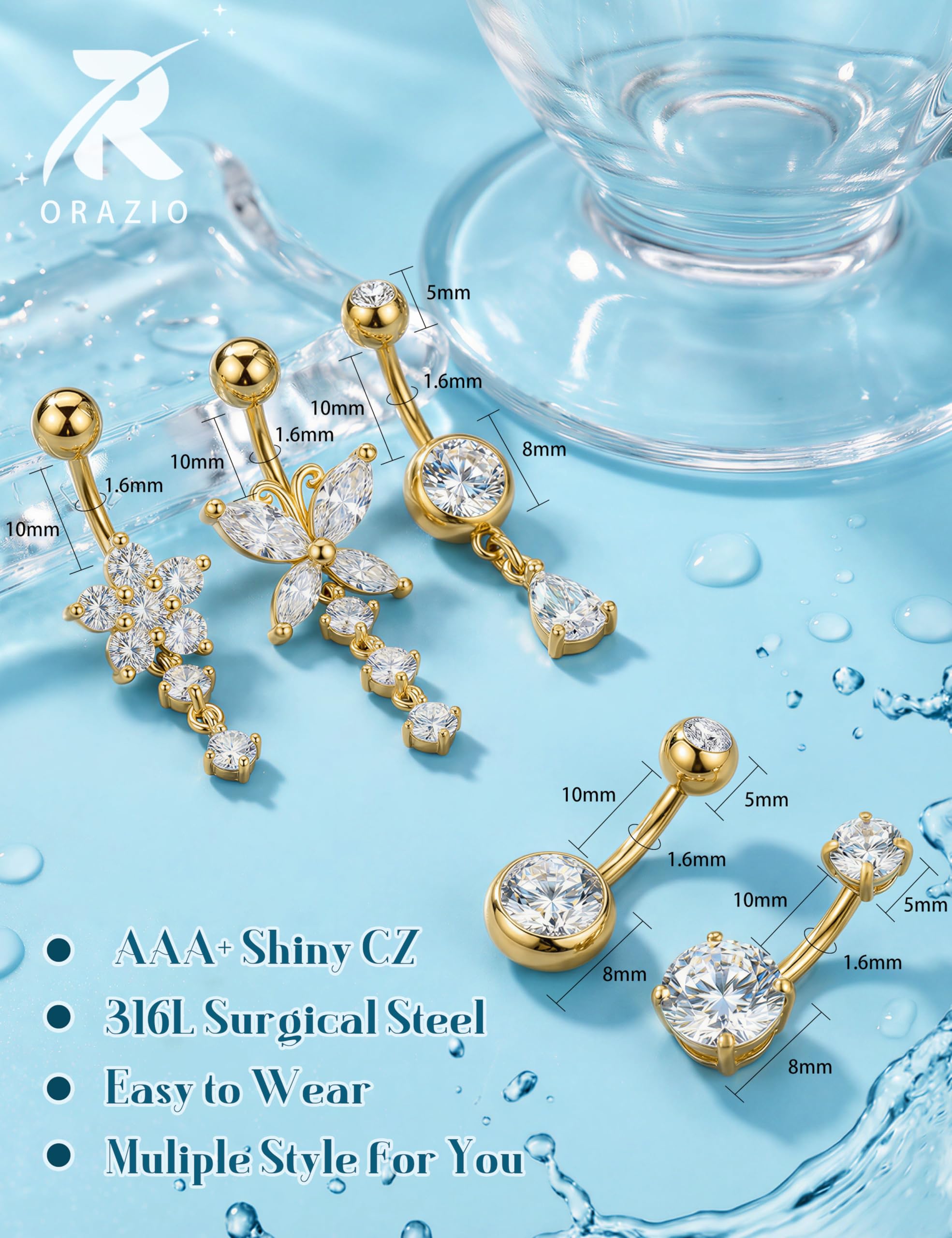 ORAZIO 5 Pares Dorado Piercing Ombligo Acero Quirurgico 10MM Plata Belly Piercing para Mujer Hipoalergénico Mariposa Circón Piercing Ombligo para Mujer