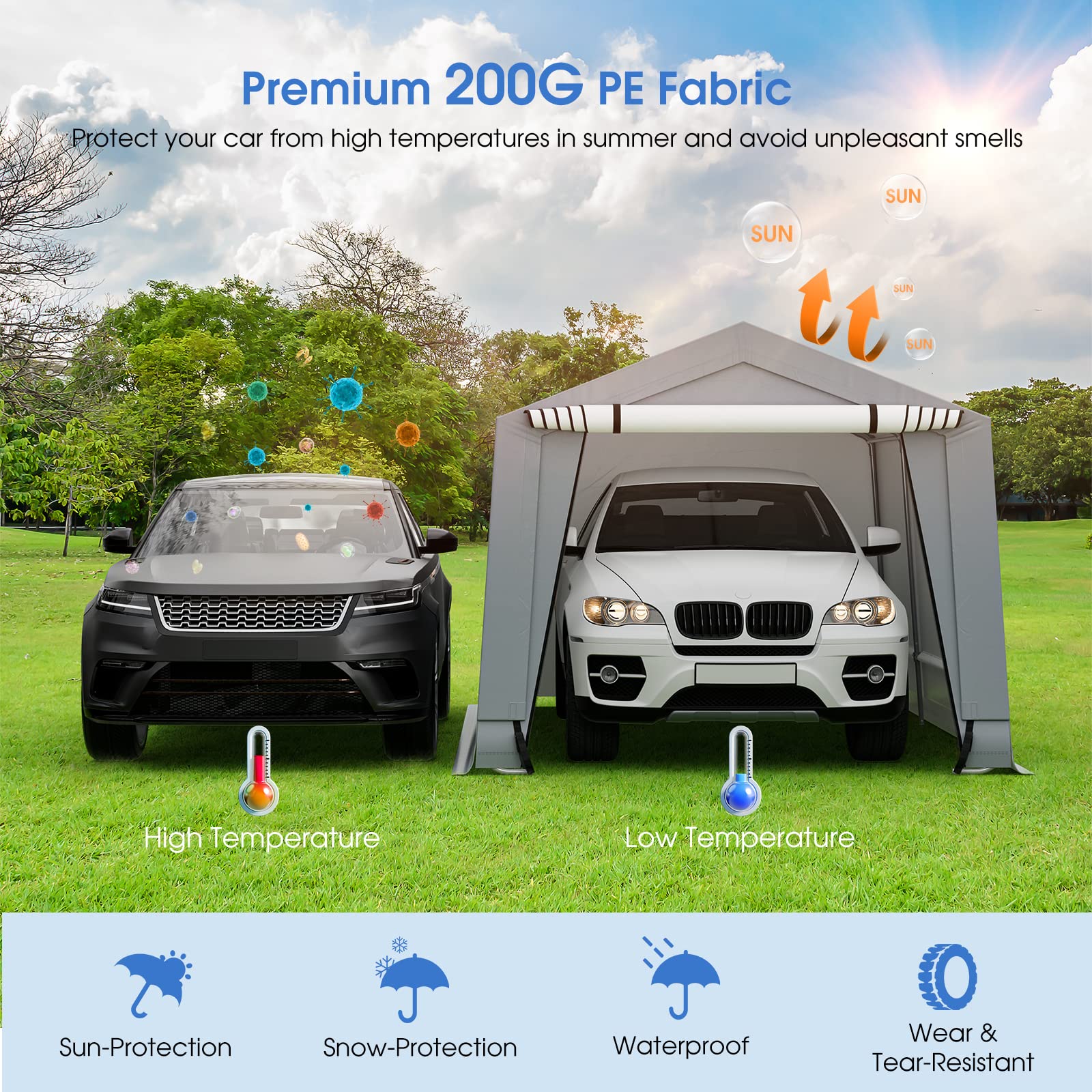 GOPLUS 3 x 4,9 M Outdoor Carport Toldo, portátil, Refugio de Coche, Tienda de Garaje con Puerta Desmontable, Vigas Triangulares estables, Marco de Acero, Resistente a la Intemperie de Almacenamiento