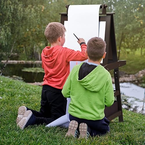 Miniatura 9 de HONEY JOY Caballete de arte para niños, caballete de madera de doble cara 3 en 1 con pizarra blanca magnética y pizarra, rollo de papel, 2