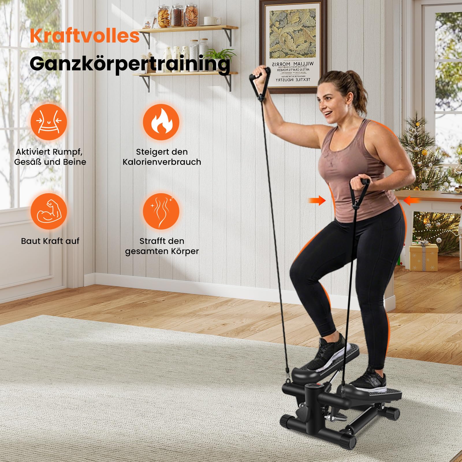 himaly Mini Stepper für Zuhause, Exercise Stair Stepper 100kg, Treppensteiger Fitnessgerät with Widerstandsbändern, Up-Down Swing Stepper mit LCD Display für Bein Arm Butt