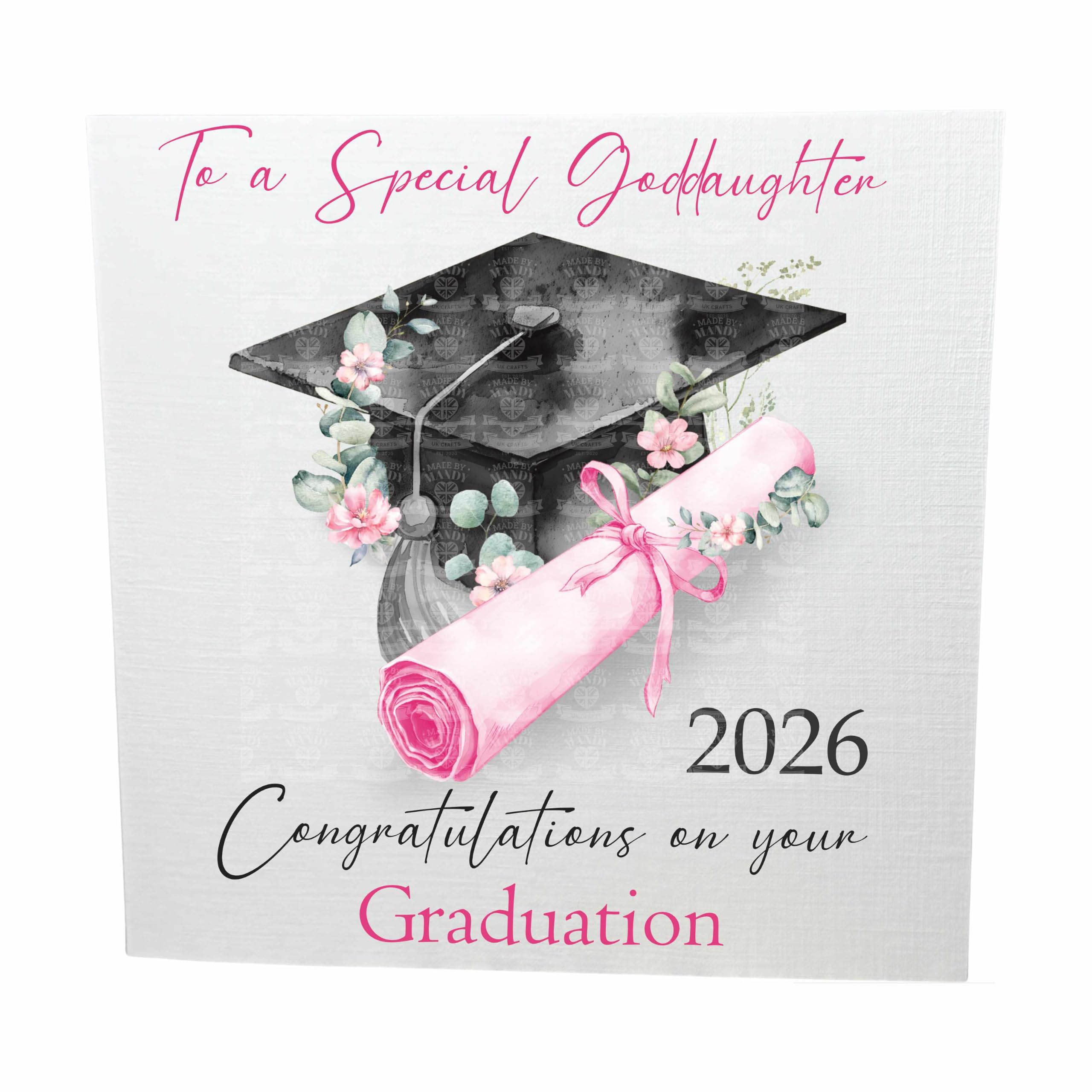 Graduation Card 2025, 6 x 6 inches, 300gsm, Linen Effect, with text For a special Goddaughter Congratulations on your graduation 2026"