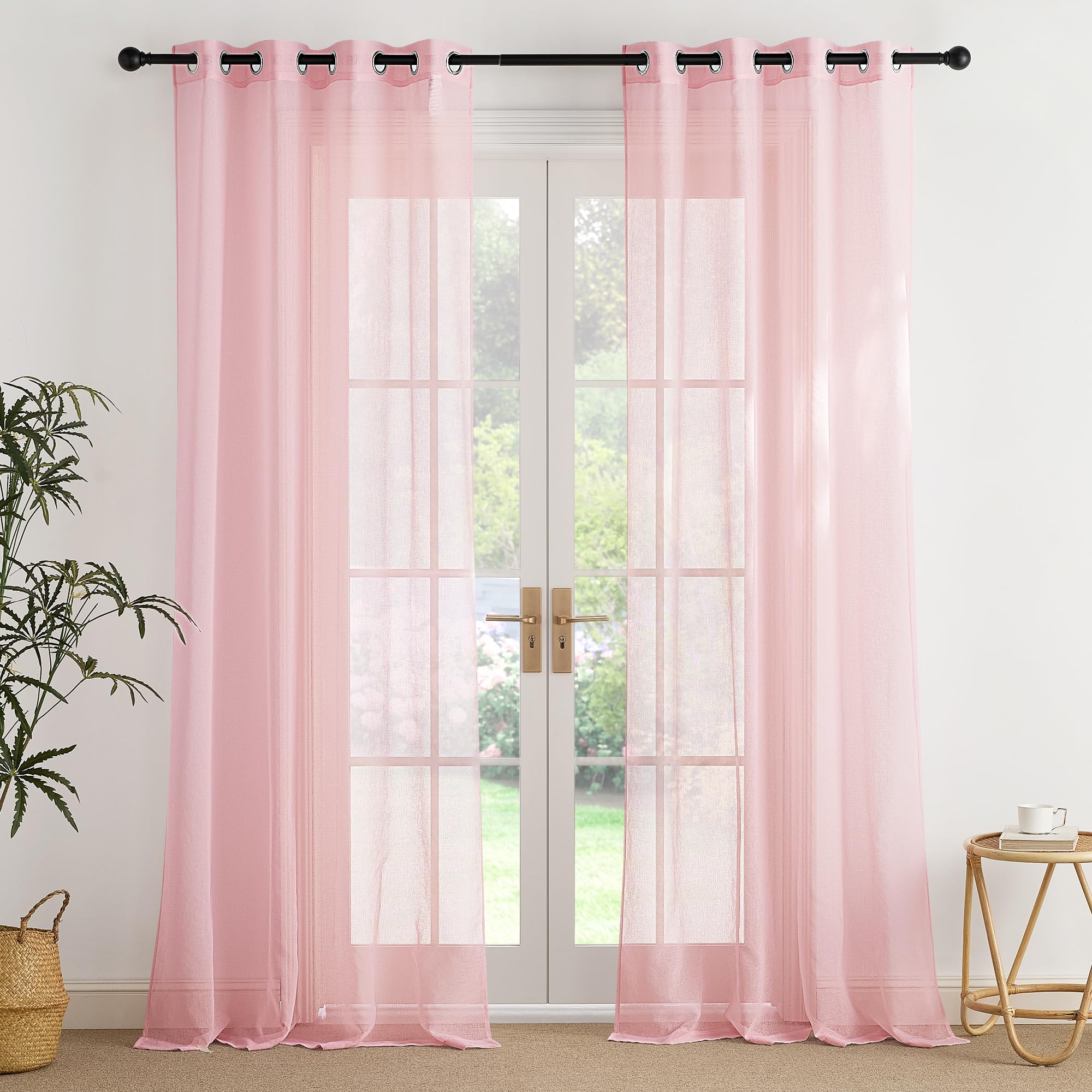 PONY DANCE Tende Trasparenti per Salotto con Effetto Lino 2 Pezzi 140x260 CM Tende Moderne per Soggiorno con Anelli Voile Curtains Camera da Letto, Rosa Chiaro