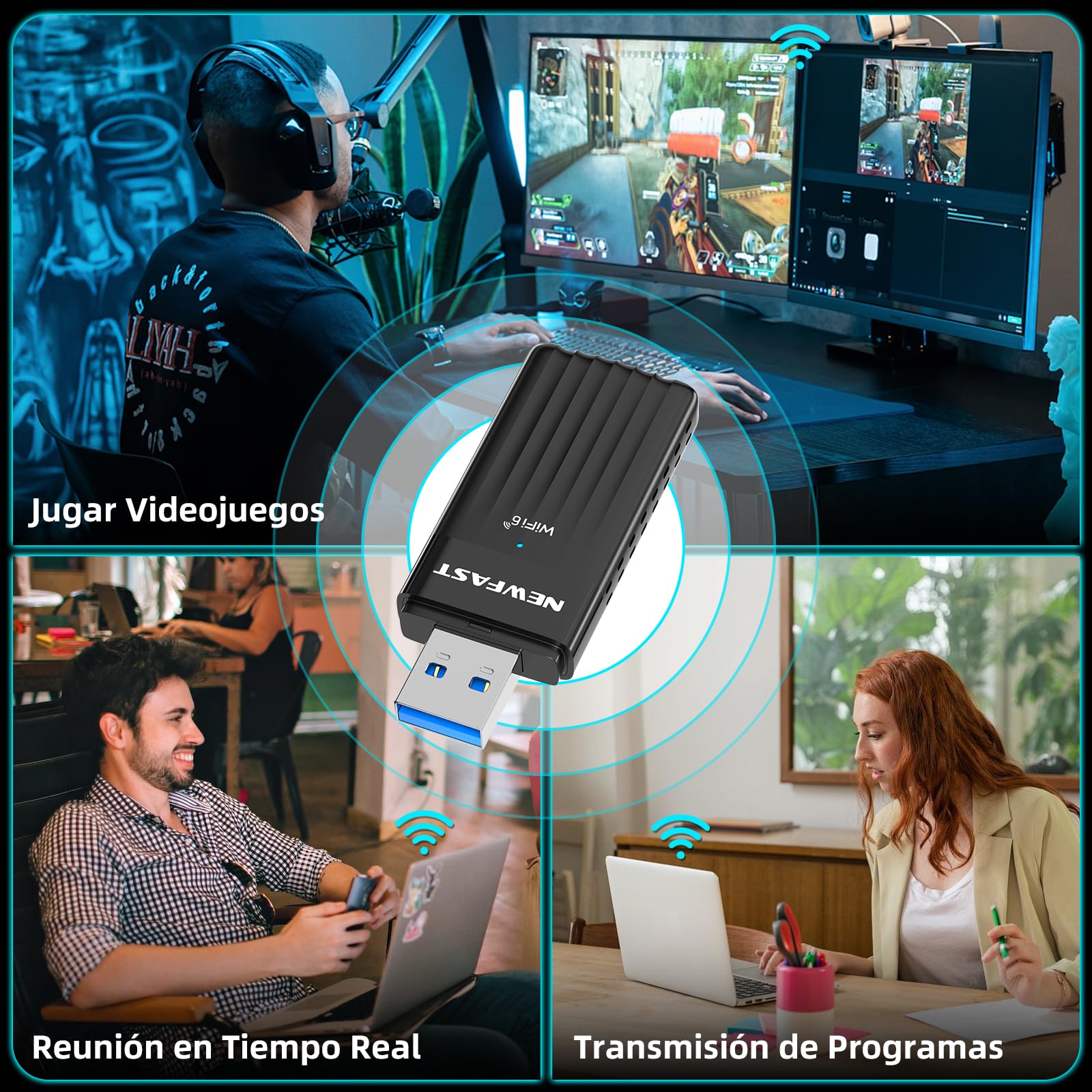 NEWFAST Adaptador WiFi6 USB AX3000, 5.8Ghz/2.4Ghz Adaptador WiFi USB para PC, 3000mbps Receptor WiFi Compatible con Windows 10/11, OFDMA y MU-MIMO, WPA3 y WPA2