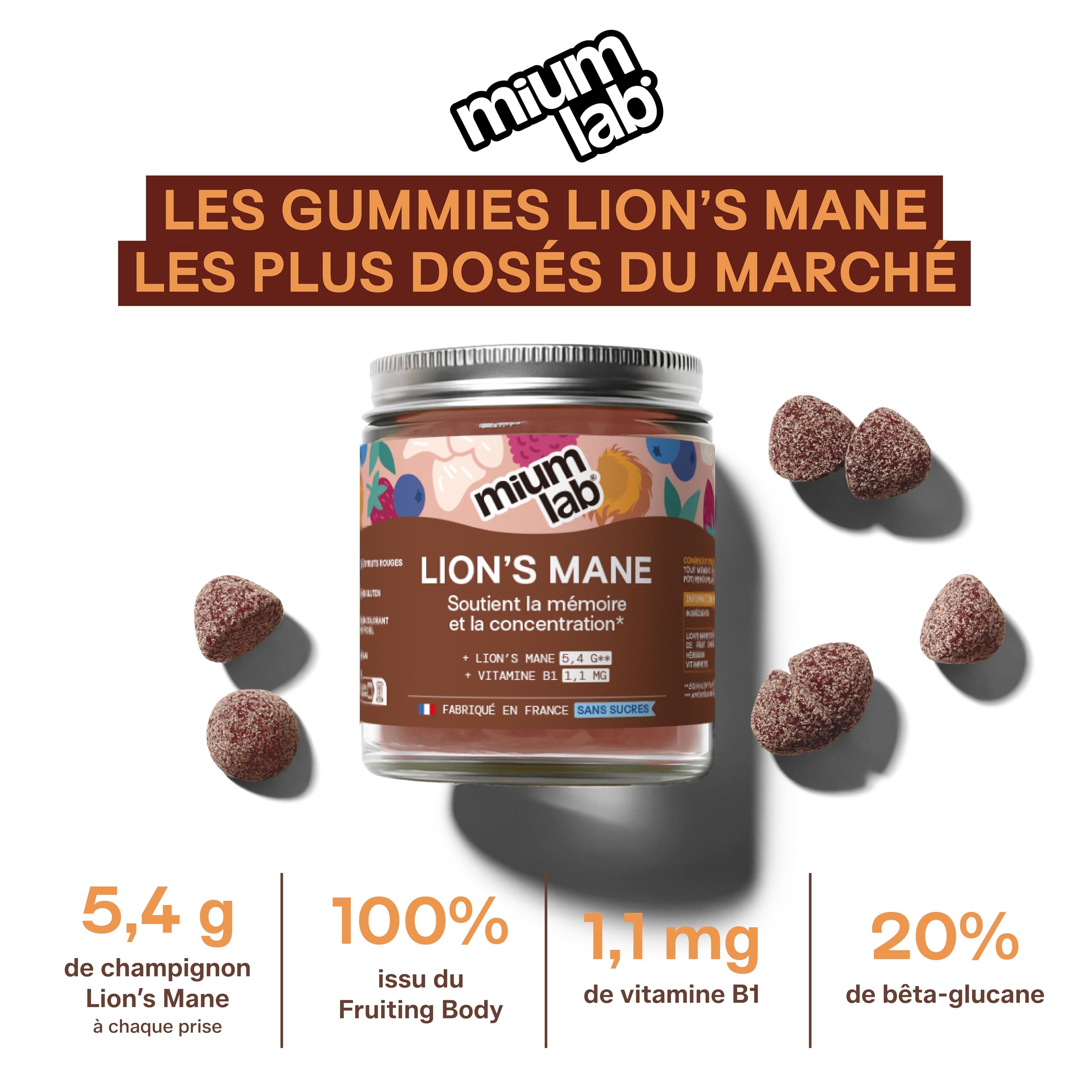 Mium Lab – Lions Mane (Crinière de Lion) – Gummies sans sucre – Extrait 18:1 hautement concentré d’Hericium erinaceus – Complément alimentaire à base de champignon adaptogène – Fabriqué en France