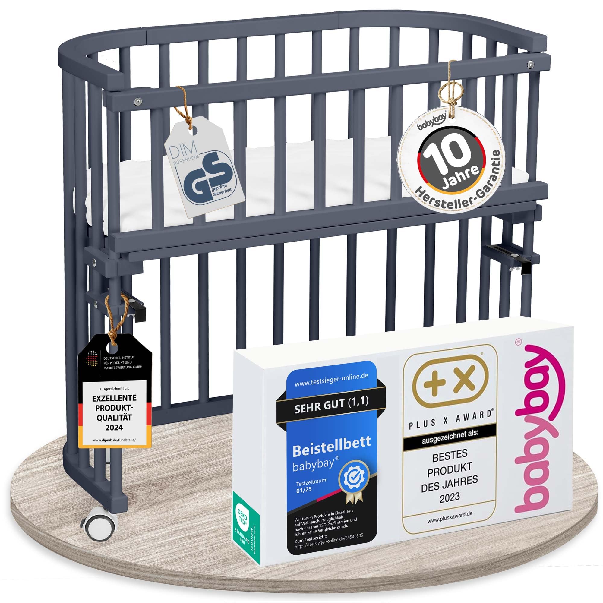 babybay Original Beistellbett aus massivem Buchenholz/kompakt & verwandelbar/Kinderbett Höhe stufenlos verstellbar/mitwachsendes Babybett (schiefergrau lackiert) / inkl. Matratze, Gitter, Rollen