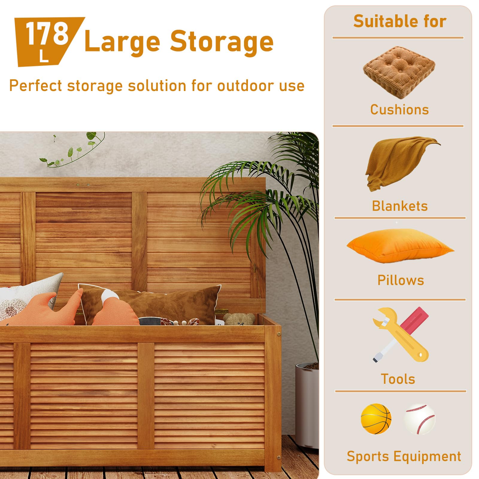 RELAX4LIFE Gartenbox, 178L Auflagenbox mit Sitzbank & Deckel, Aufbewahrungsbox mit Stauraum, Kissenbox outdoor aus Akazienholz, Gartentruhe Auflagentruhe Holztruhe für Garten, Balkon, Terrasse, Natur