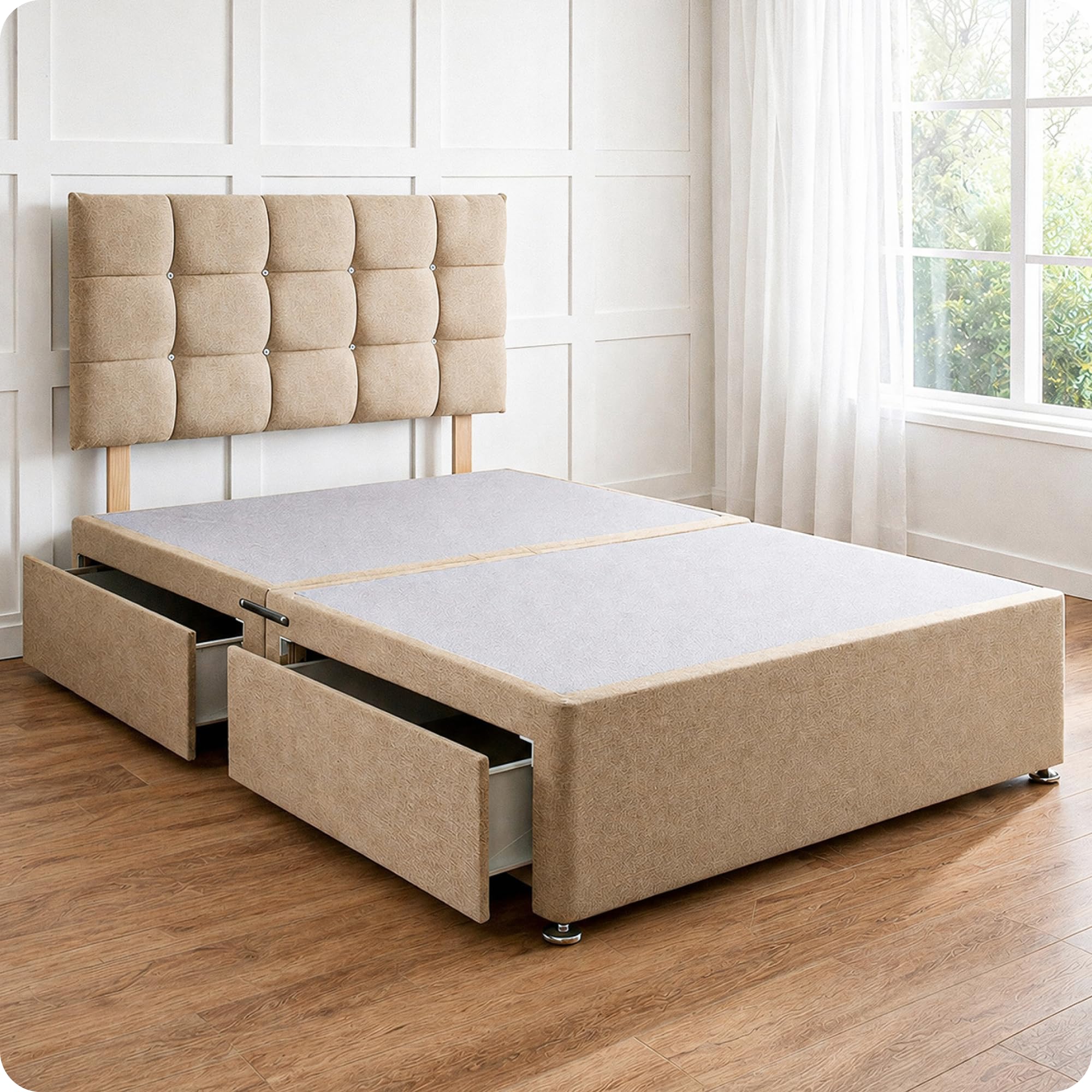 Comfy Deluxe LTD Divan Bed Base - 3FT Single, Beige | Linen Bed Frame with 20 Inch Cubic Headboard | No Mattress Included | 2 Same Side Storage Drawers & Chrome Glider Feet | UK Made