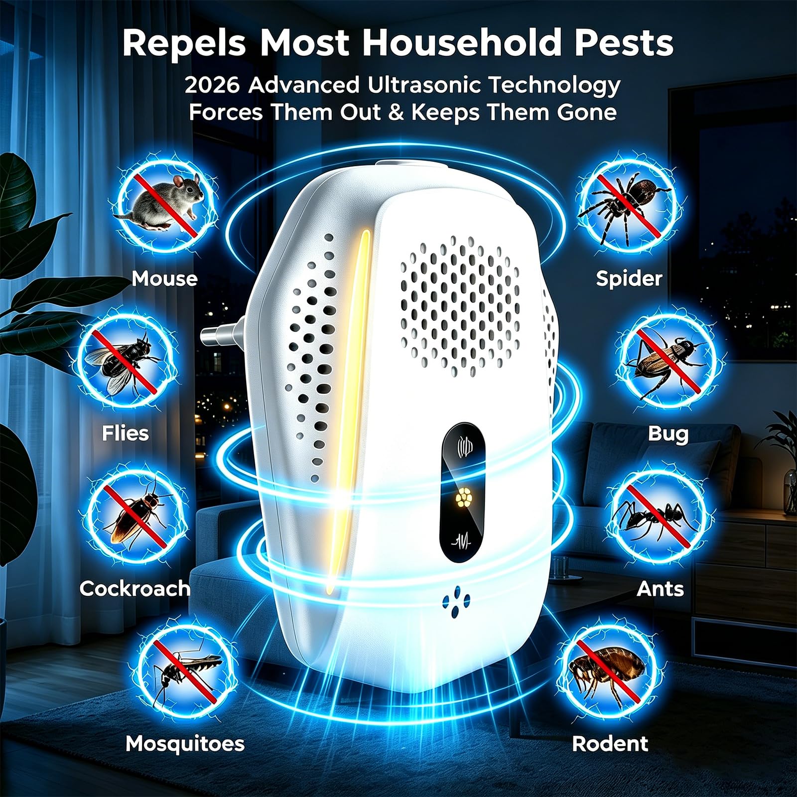 Repelente Ultrasónico de Plagas, 3 Modo Electrónico Repelente Control de Plagas, Repelente Ultrasónico Mosquitos para Anti Moscas Ratones Cucarachas Arañas Roedores Mosquitos 4 Pack
