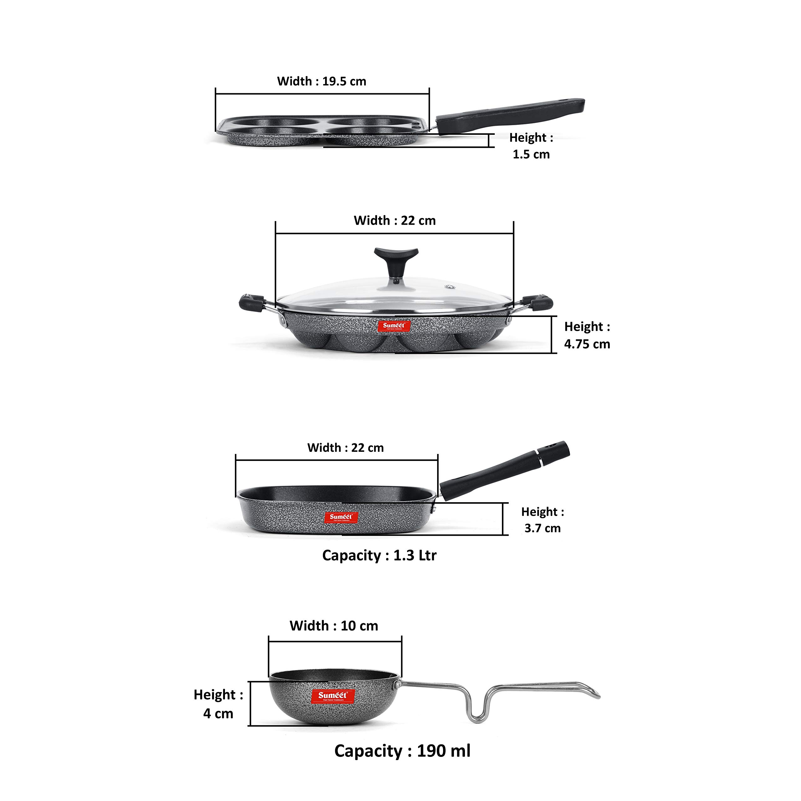 Sumeet NonStick Must Cookware Set (Mini Multi Snack Maker - 4 Cavity -19.5cm + Grill Appam Patra with Glass Lid - 12 Cavity - 22cm Dia + Grill Pan-22cm Dia + Waghariya/Tadka pan - 190Ml - 10Cm Dia) - Image 4 thumbnail