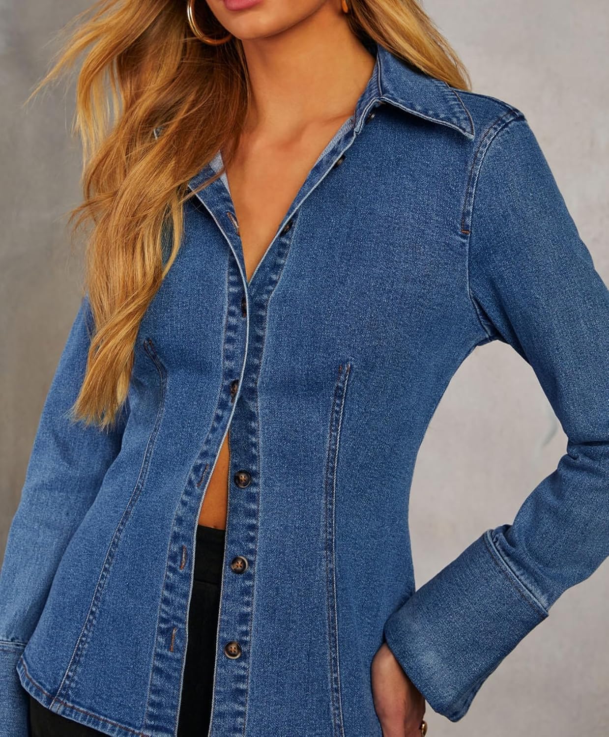 Denim Shirt Tops for Women Button Down Slim Fitted Long Sleeve V Neck Lightweight Jean Jackets - Image 5