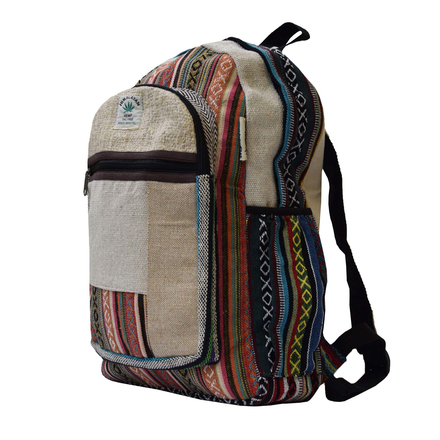 Simandra Ethno Hanf Zaino realizzato a mano in Nepal con molti scomparti, multicolore, 45 x 30 x 10cm