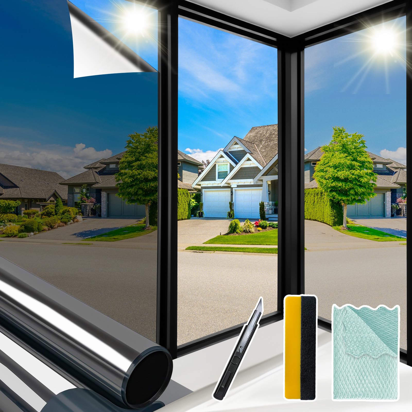 Niviy Película de espejo unidireccional para ventana del hogar con herramientas de instalación, bloqueo solar UV y control de calor y película diurna para ventana, ver hacia fuera para oficina en casa