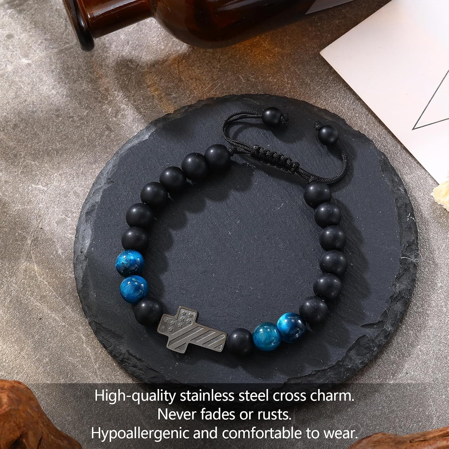 Cross Bracelet for Teen Boys, Adjustable American Flag Natural Beads Bracelet, Christian Religious Baptism Easter Birthday Graduation First Communion Confirmation Gifts for Teens Boy Mens