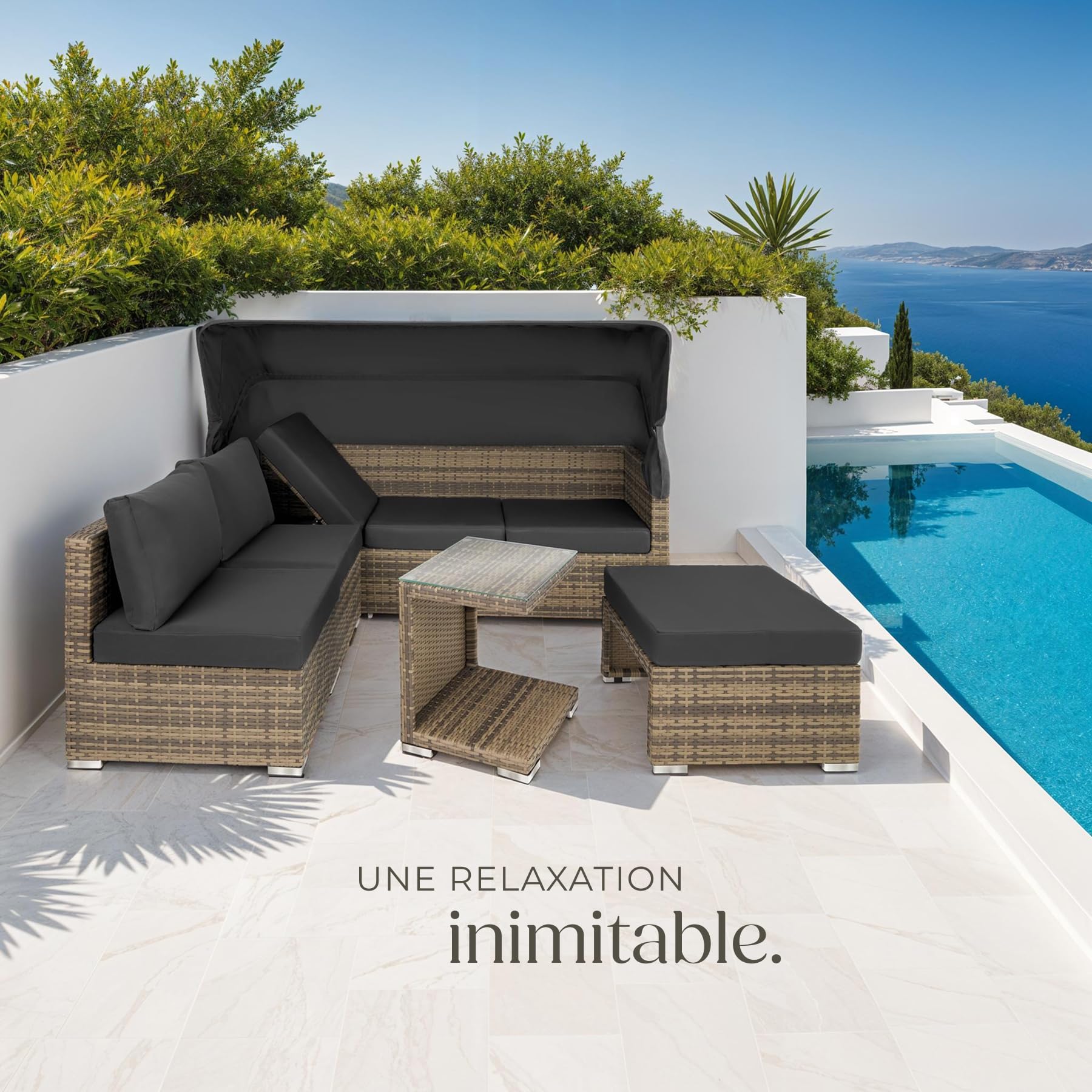 tectake® Salon de Jardin Exterieur Modulable Canapé de Jardin Bain de Soleil avec Pare-Soleil, Table de Jardin en Verre, Aluminium et Resine Tressee Amenagement Balcon Terrasse - Marron Naturel