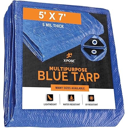Better Blue Poly Tarp - Multipurpose Protective Cover, Drop Cloth - Durable, Waterproof, Weather Proof - 5 Mil Thick Polyethylene - by Xpose Safety (5 Feet x 7 Feet, Blue)