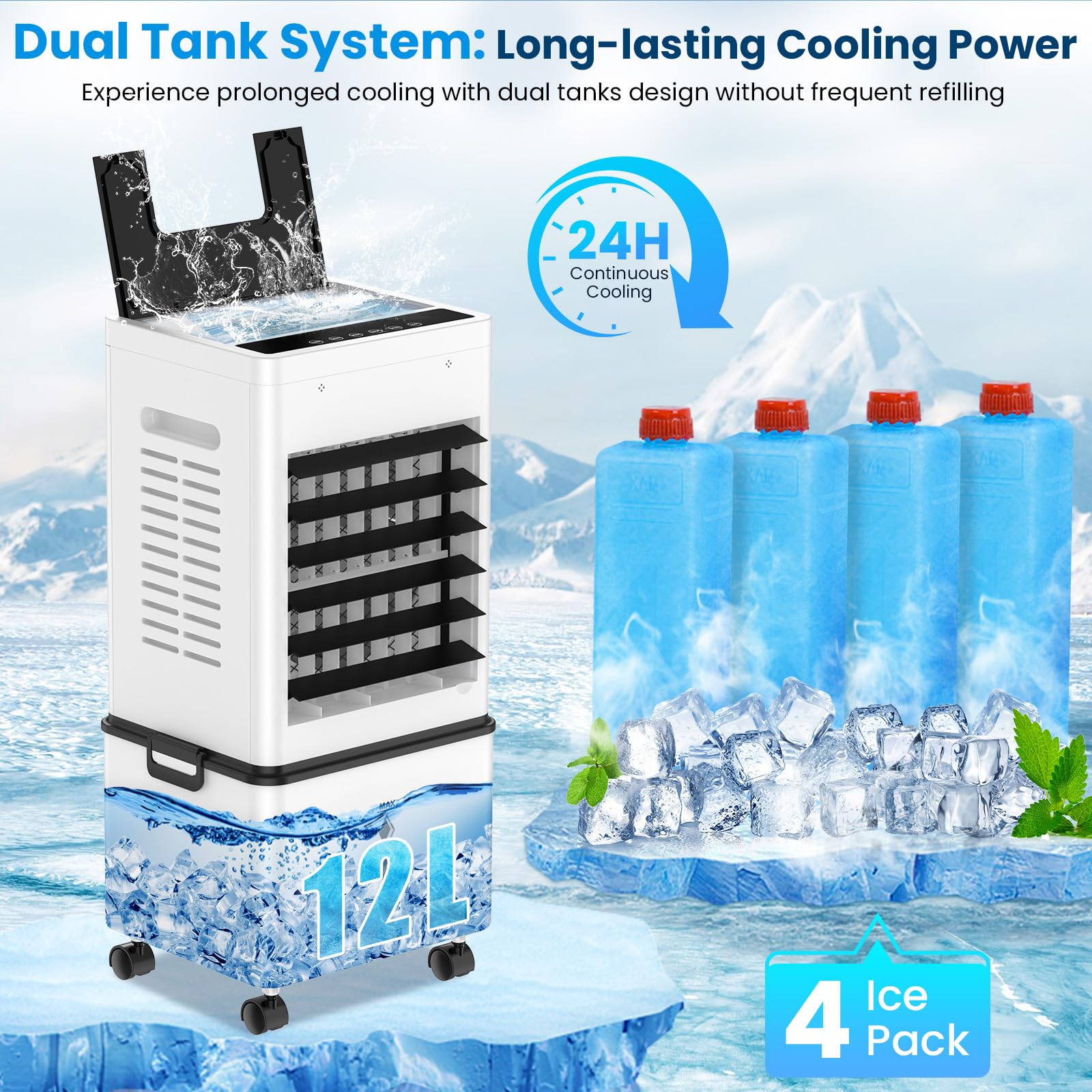 Climatiseur Mobile 12L, Refroidisseur d'Air Évaporatif avec Télécommande, 6 Vitesses et 2 Modes, Minuterie 24H, 4 Boîtes des Glacières, 45W Climatisation Portable pour Maison Bureau Chambre Cuisine