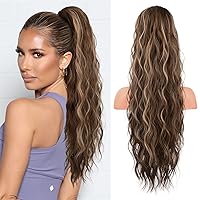Vista 22 de FLUFYMOOZ Extensión de cola de caballo, 22 pulgadas, extensiones de cabello sintético ondulado largo y rizado para mujer