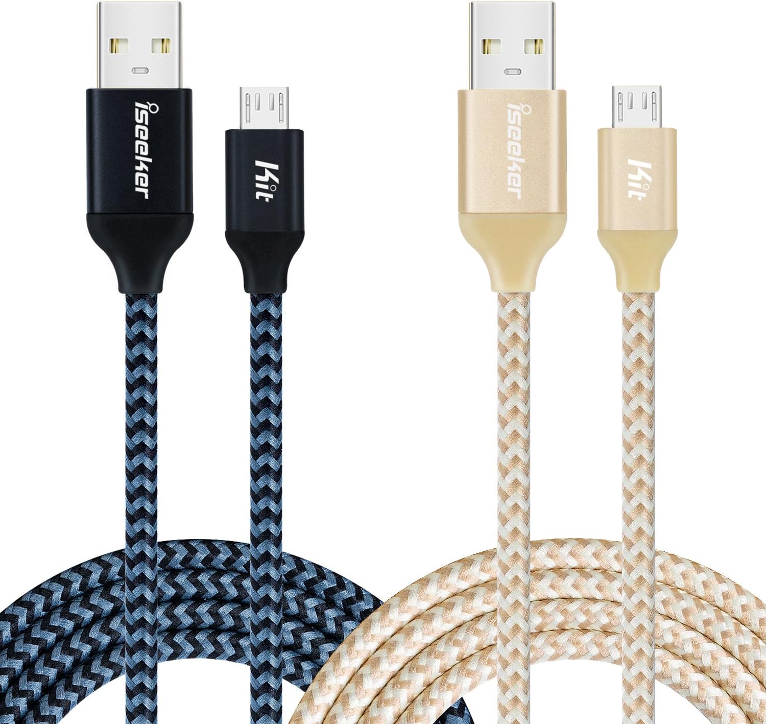 USB Cords, iSeekerKit 2 Pack 10ft High Charging Speed USB 2.0 A Male to Micro Nylon Braided USB Cable with Aluminum Connectors for Samsung, Android and more(Black&Golden)