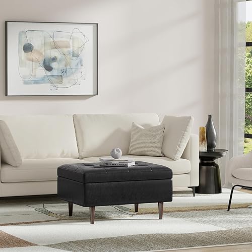 Miniatura 90 de SIMPLIHOME Shay - Otomana rectangular moderna de mediados de siglo de 48 pulgadas de ancho en piel sintética vegana envejecida, color marrón, Sillín