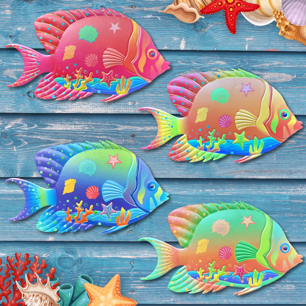 Oraytteo Metal Fish Outdoor Wall Decor, 4 Pack Sea Fish Wall Art Hanging Decorations for Indoor Outdoor Barthroom Fence Pool Patio Decor, Gift for Mom