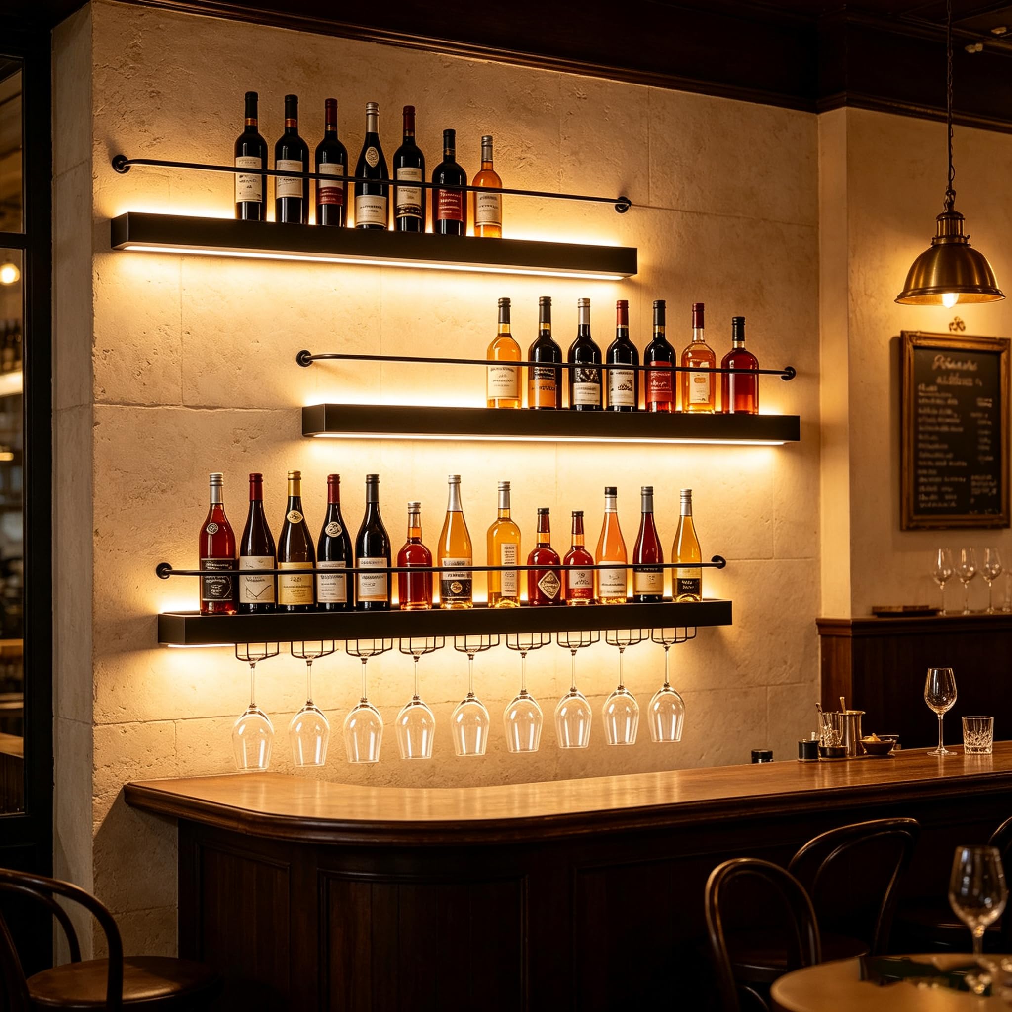 Estante de Vino de Pared con Luz LED, Hierro Negro (Negro, 100CM) | Hierro negro resistente; Incluye soporte para copas; Luz LED cálida; Montaje rápido; Ideal para cocina y bar.