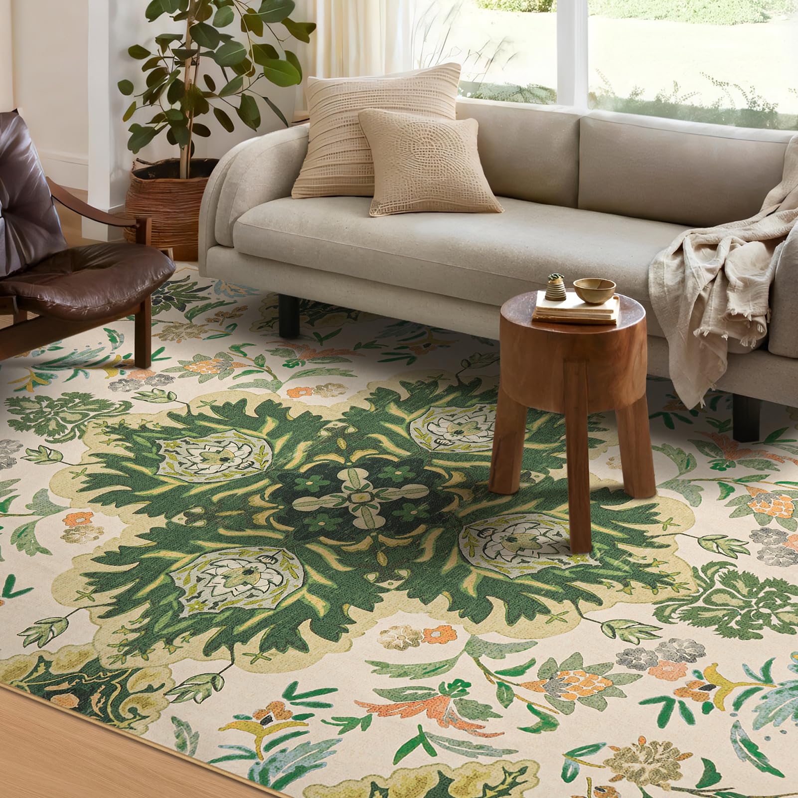 phantoscope vintage collection area rug 6'x9', washable large living room rug non-slip, low-pile floral painting boho carpet rug for bedroom dining room office durable indoor rug, forest green/cream