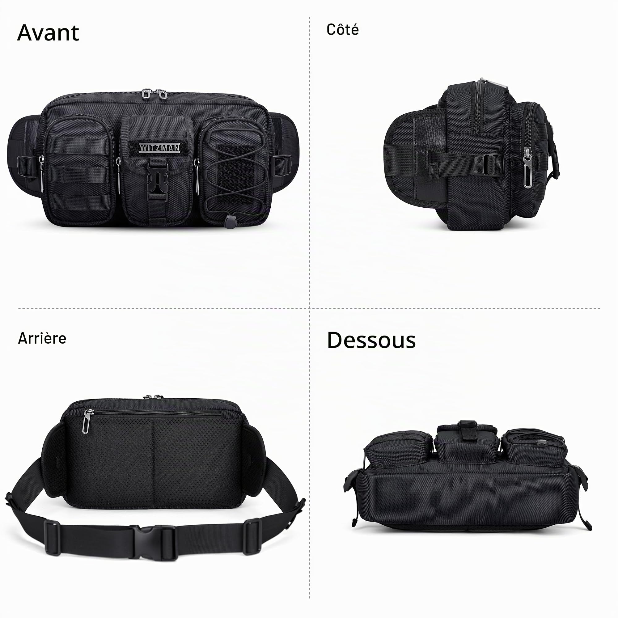 WITZMAN Sac banane pour homme, sac banane tendance avec fermeture éclair, avec plusieurs poches pour voyager, marche quotidienne, Noir