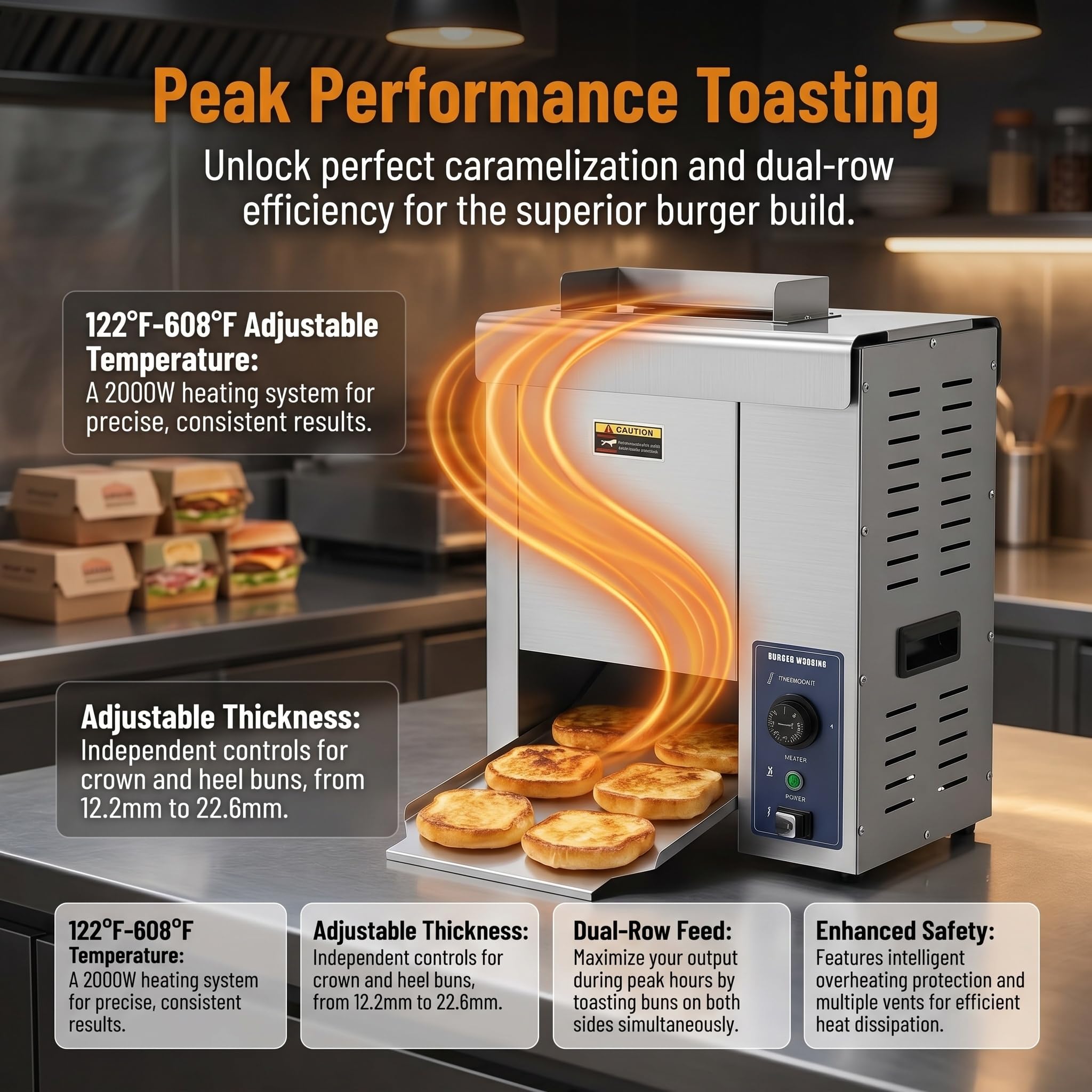 Tostadora Comercial De 2000 W Para Panecillos: Máquina Eléctrica De Doble Fila Para Hacer Pan De Hamburguesa Con Temperatura Y Grosor Ajustables, Ideal Para Restaurantes, Hamburgueserías Y