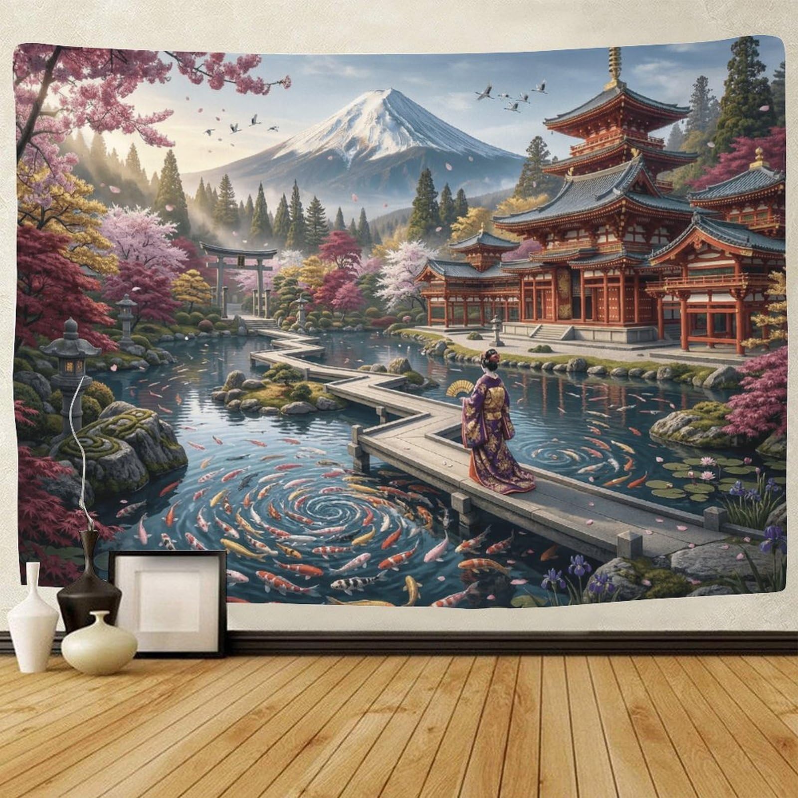 GPMNBCXZK Japanese Mount Fuji Wall Tapestry Cherry Blossom 3D Printed Home Room Hanging Decor for Bedroom Living Room Traditional Pagoda 150cmx200cm