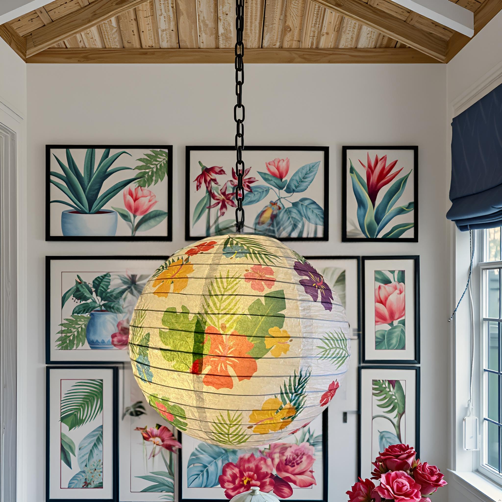 Paper Lampshade Hanging Light Shade 30cm, Oriental Ribbed Japanese Ceiling Fixture with Pineapple & Floral Hawaiian Patterns - Image 2