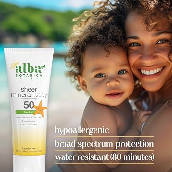 Alba Botanica Baby Sunscreen for Face and Body, Sheer Mineral Sunscreen Lotion, Broad Spectrum SPF 50, Water Resistant and Fragrance-Free, 3 Fl Oz (Packaging May Vary)