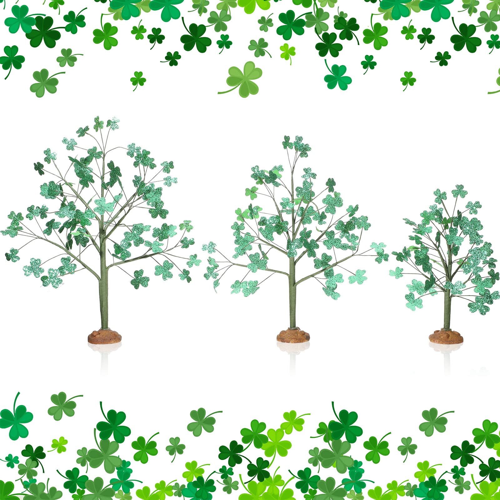 3 Pieces St. Patrick's Day Decor St. Patrick's Day Village Trees Luck Clover Village Tree Accessories Shamrocks Bare Branch Artificial Tree for Home Shelf Decor Irish Festival Holiday Party Display