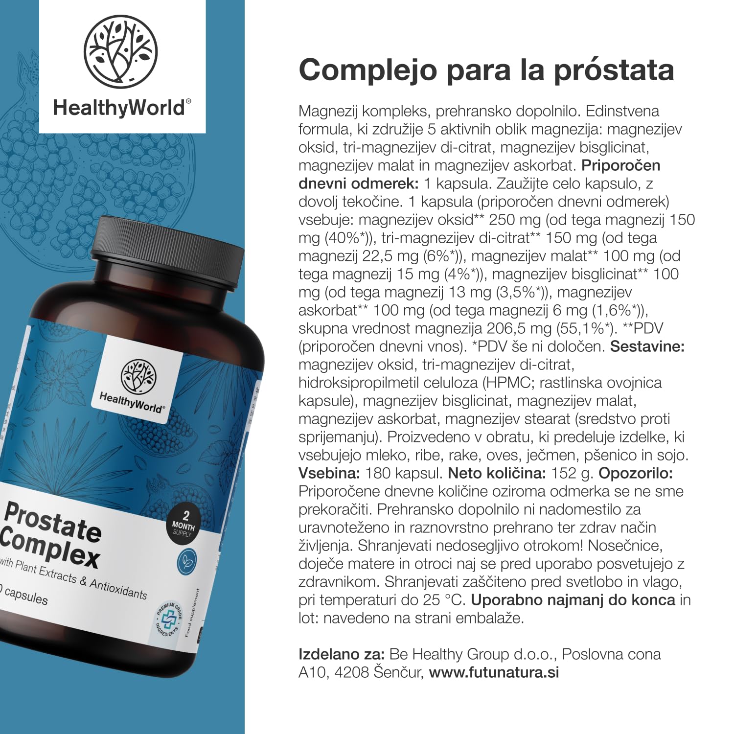 HealthyWorld complejo para la próstata - para hombres - 120 cápsulas vegetales - con semillas de calabaza, granada, ortiga, palma enana, vitamina E, zinc y selenio - apoyo a la próstata