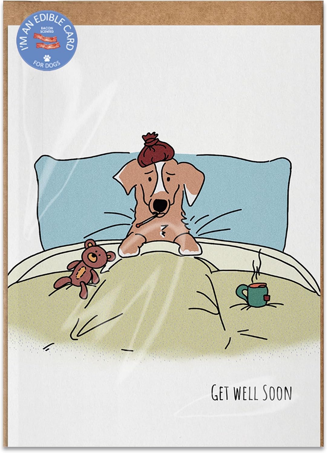 Poochie Post Edible Greeting Card for Dogs, Bacon-Flavored Dog Treat Gift with Edible Ink Pen, "Get Well Soon" Design, Gluten & Grain Free, Made in USA