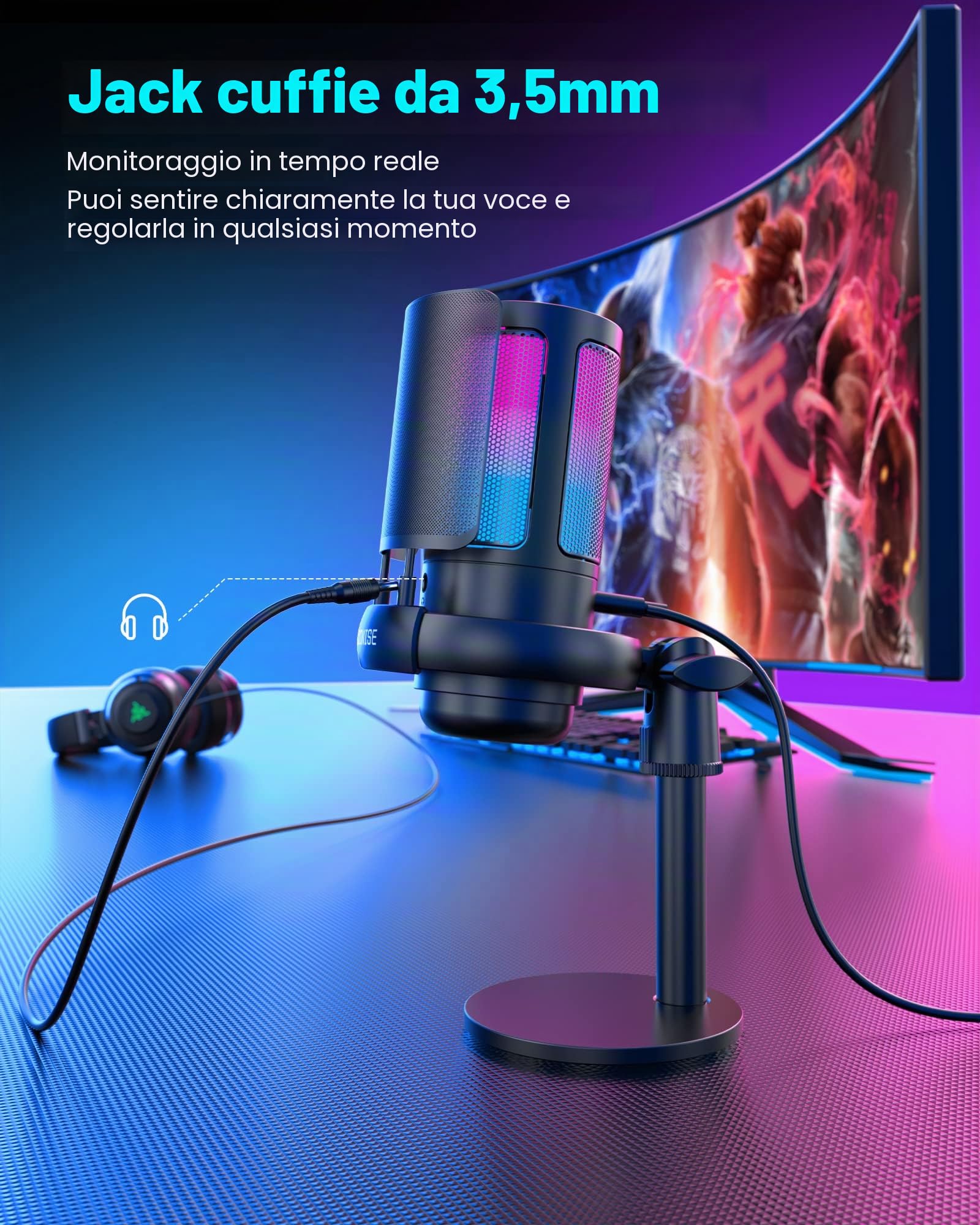 COCONISE Micrófono Gaming RGB, Microfono pastilla cardioide para PC Mac PS4 PS5, Mute Touch, Equipado con conector para auriculares, Perilla para ajustar el volumen,Filtro Anti-Pop
