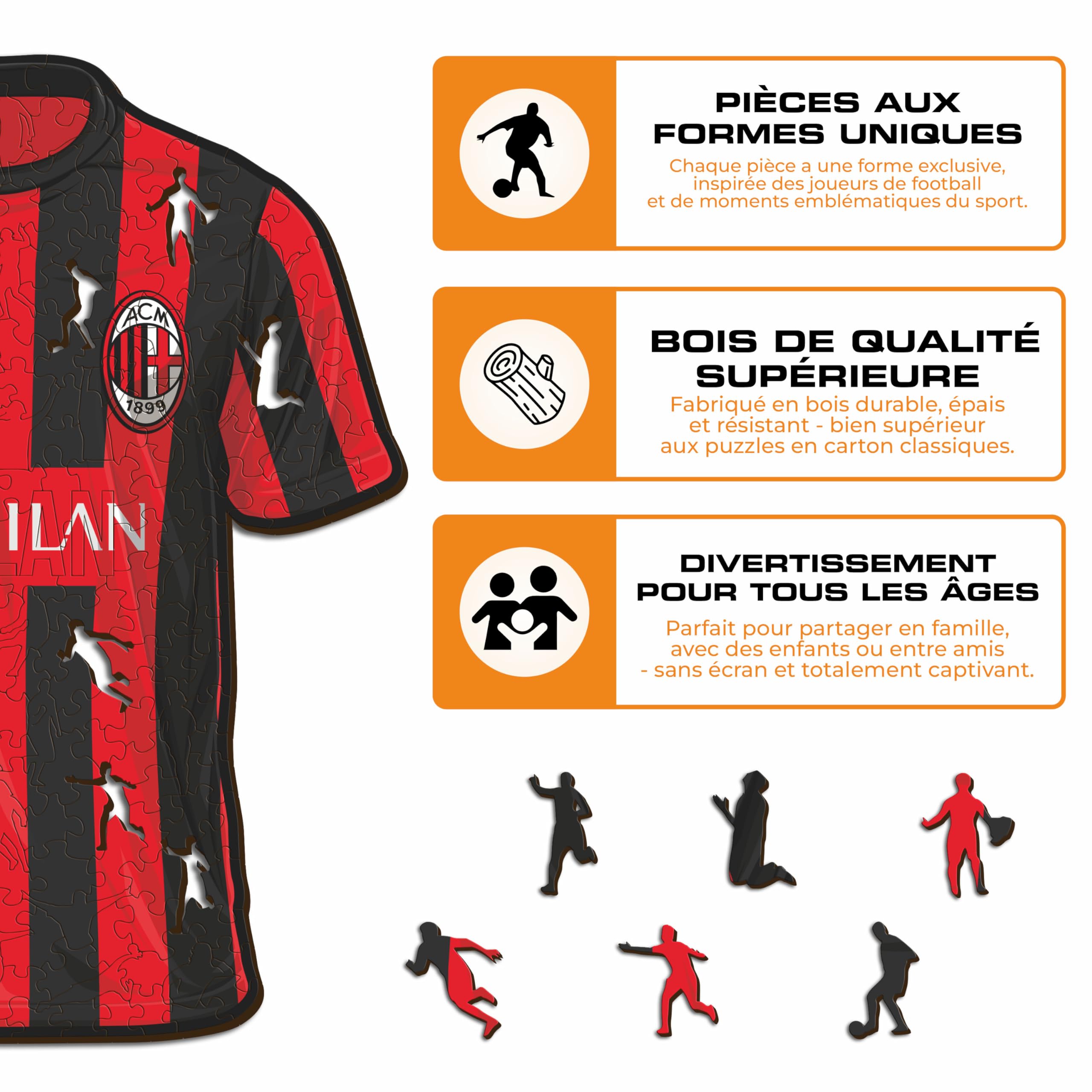 Iconic Puzzles, Puzzle Milan Jersey, 100% éco-Durable en Bois avec Licence Officielle, Taille S, 150 pièces
